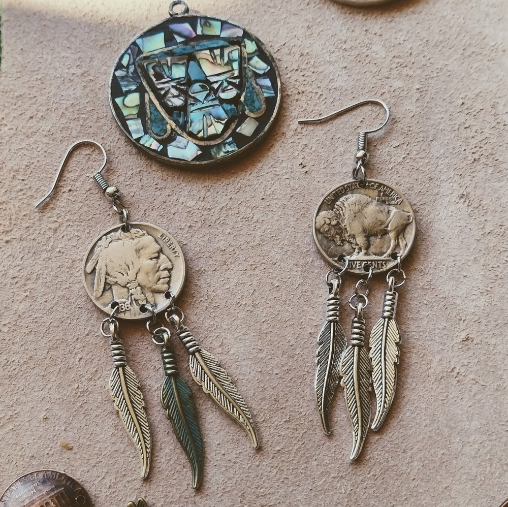 Vintage Handmade Real Buffalo Nickel Feather Dangle Silver Drop Hook Earrings